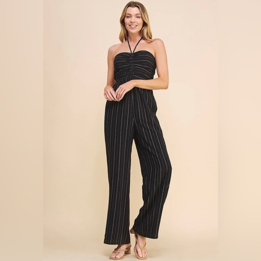BNWT! Allie Rose, Harlow Halter Tie Jumpsuit in Black, Washed Pinstripe
